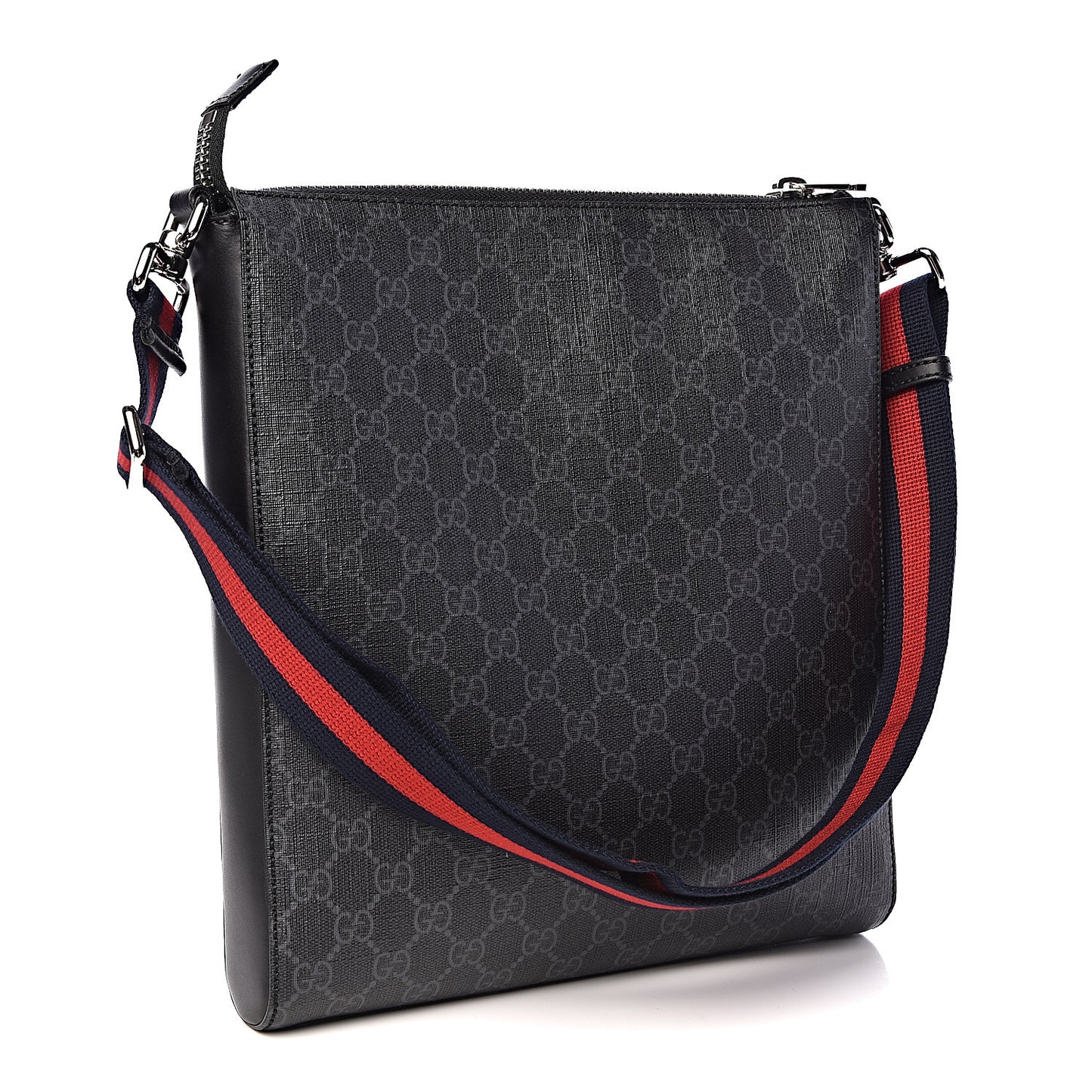 GG Supreme Monogram Appia Calfskin Web Flat Messenger Bag Black Grey