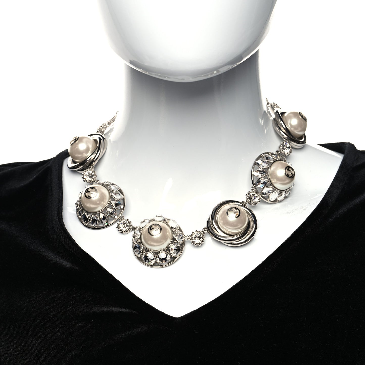 Pearl Strass Resin Embellished Double G Necklace Silver