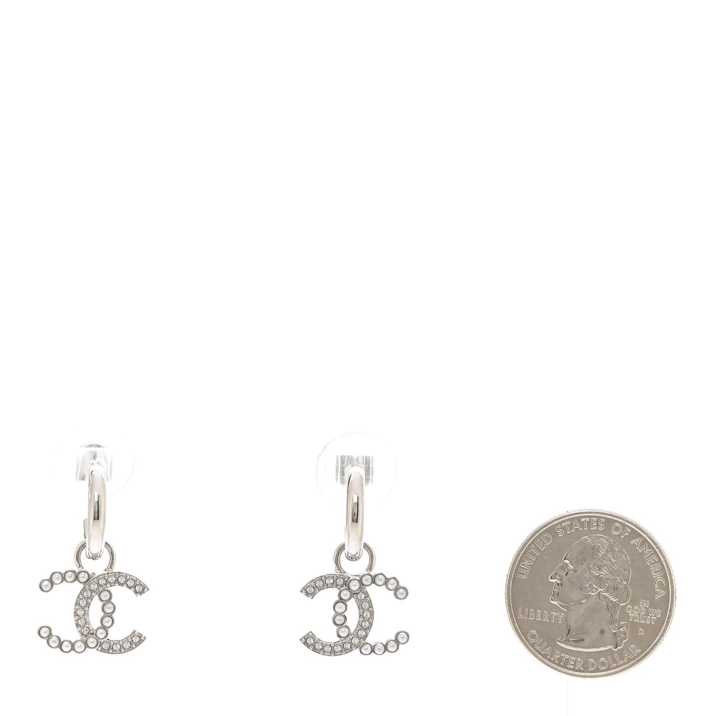 Metal Pearl Crystal CC Drop Earrings Silver
