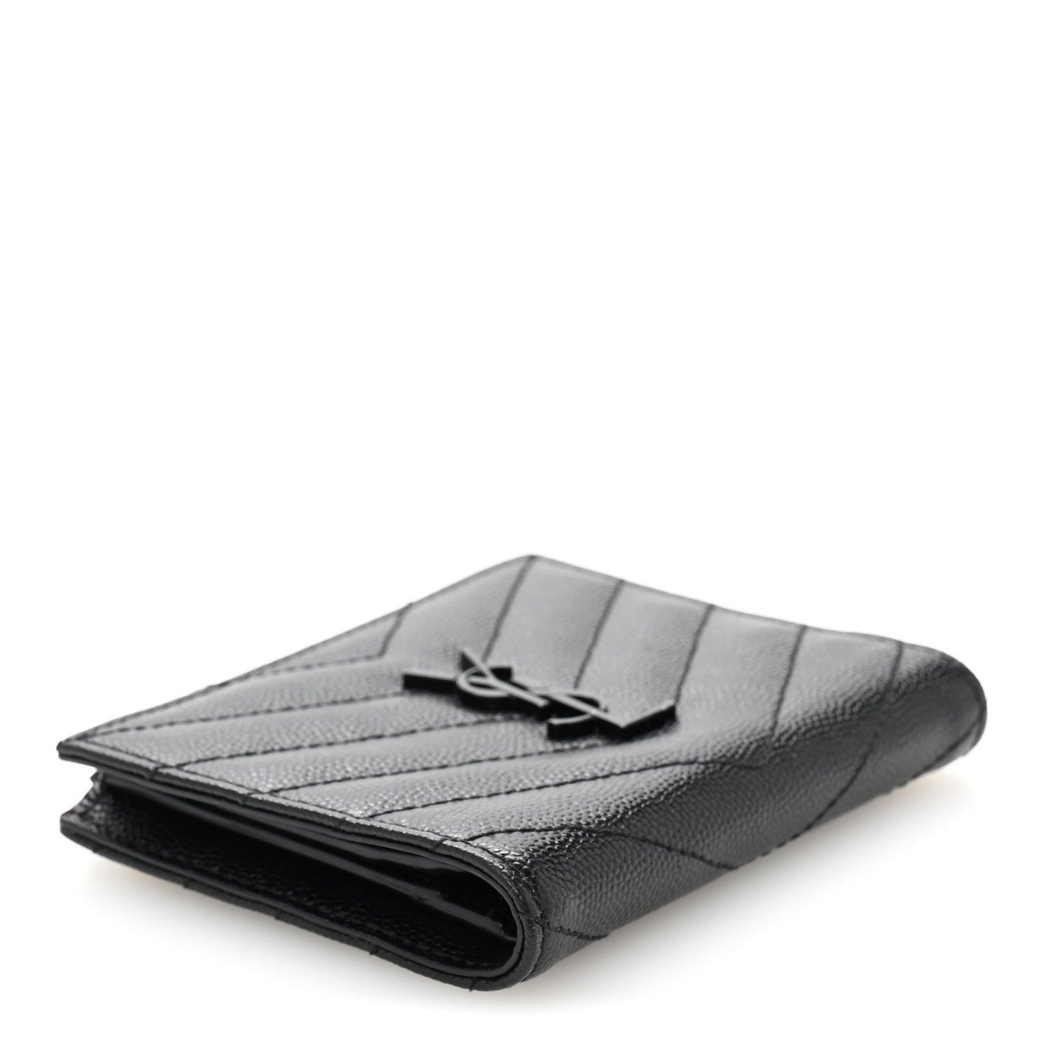Saint Laurent Grain De Poudre Matelasse Chevron Monogram Zipped Card Case Black 4 of 11