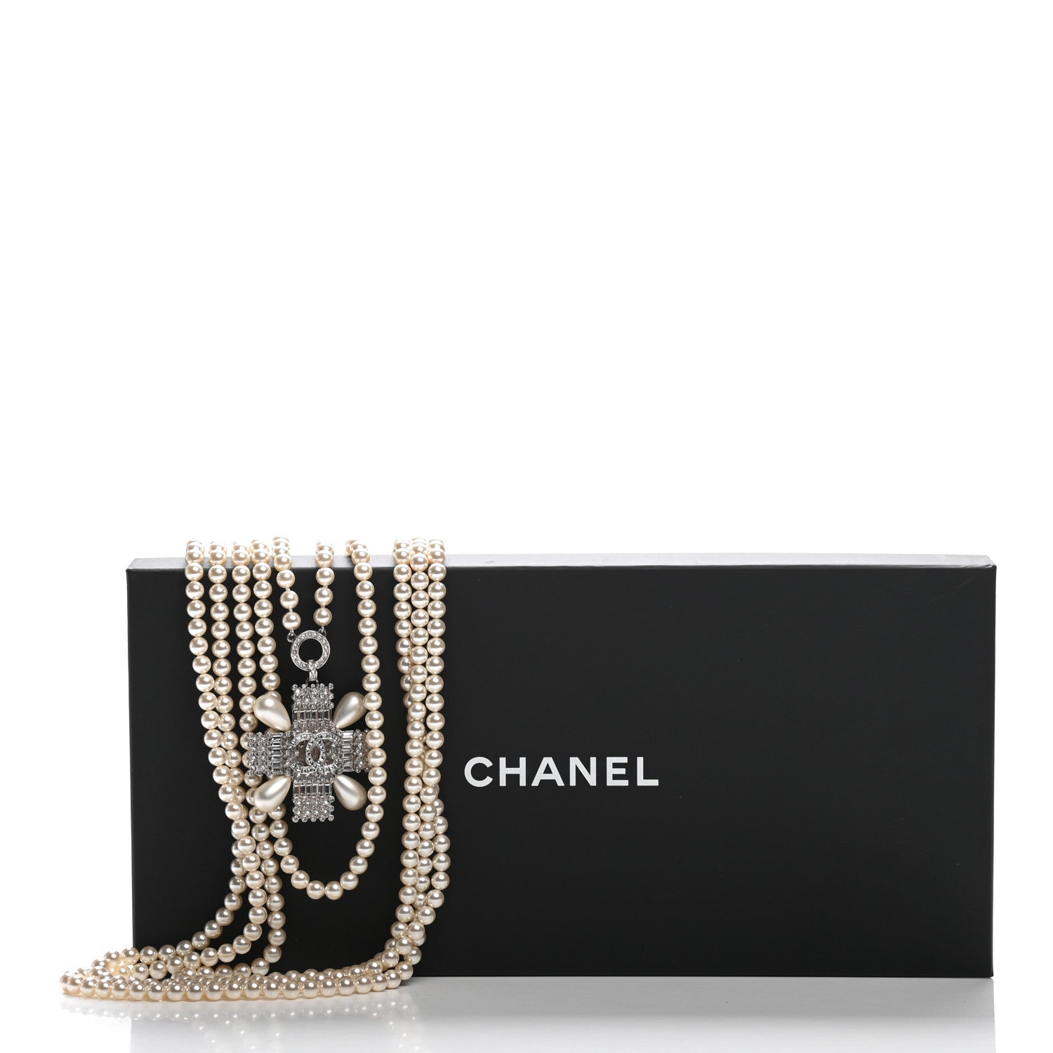 Chanel Pearl Crystal Baguette Double Strand CC Necklace Silver 5 of 5