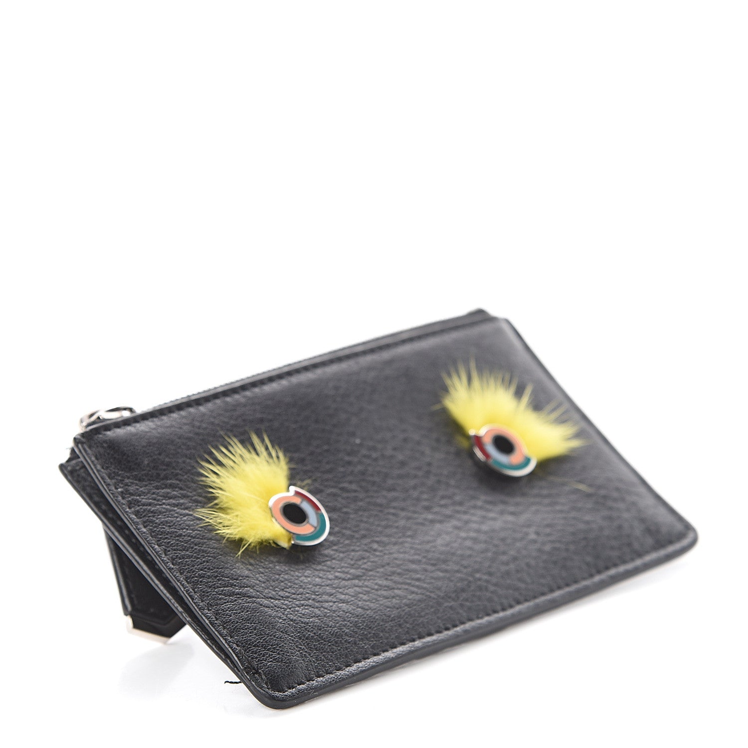 Fendi Vitello Dolce Mink Fur Hypnoteyes Zip Card Holder Black Yellow 3 of 6