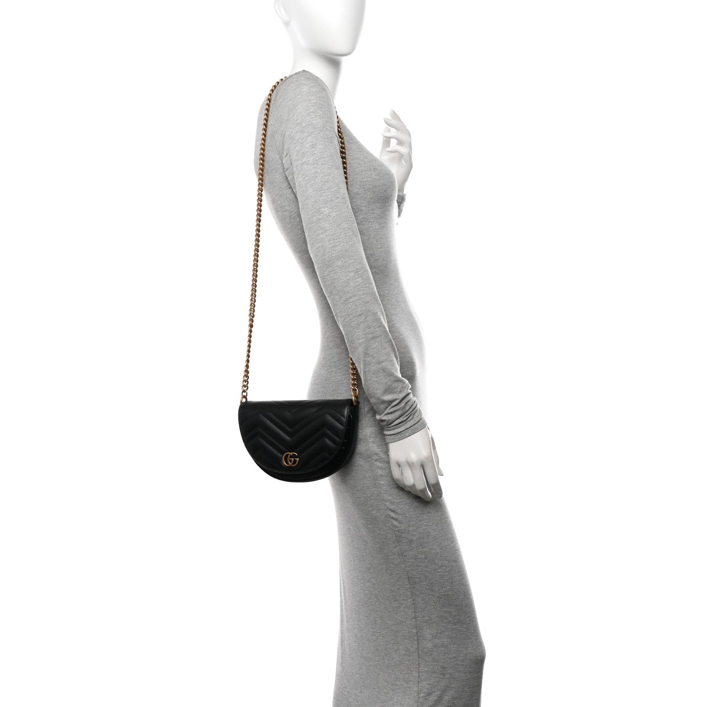 Calfskin Matelasse Mini GG Marmont Chain Half Moon Crossbody Bag Black