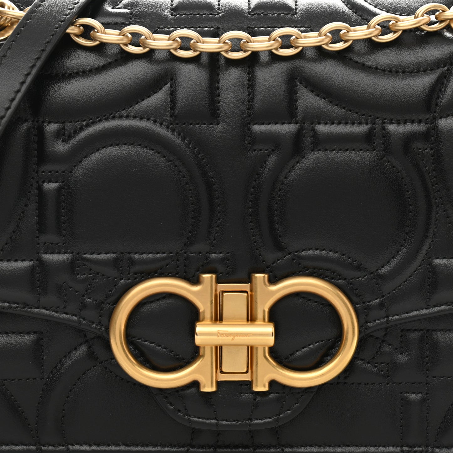 Calfskin Quilted Gancini Flap Bag Black