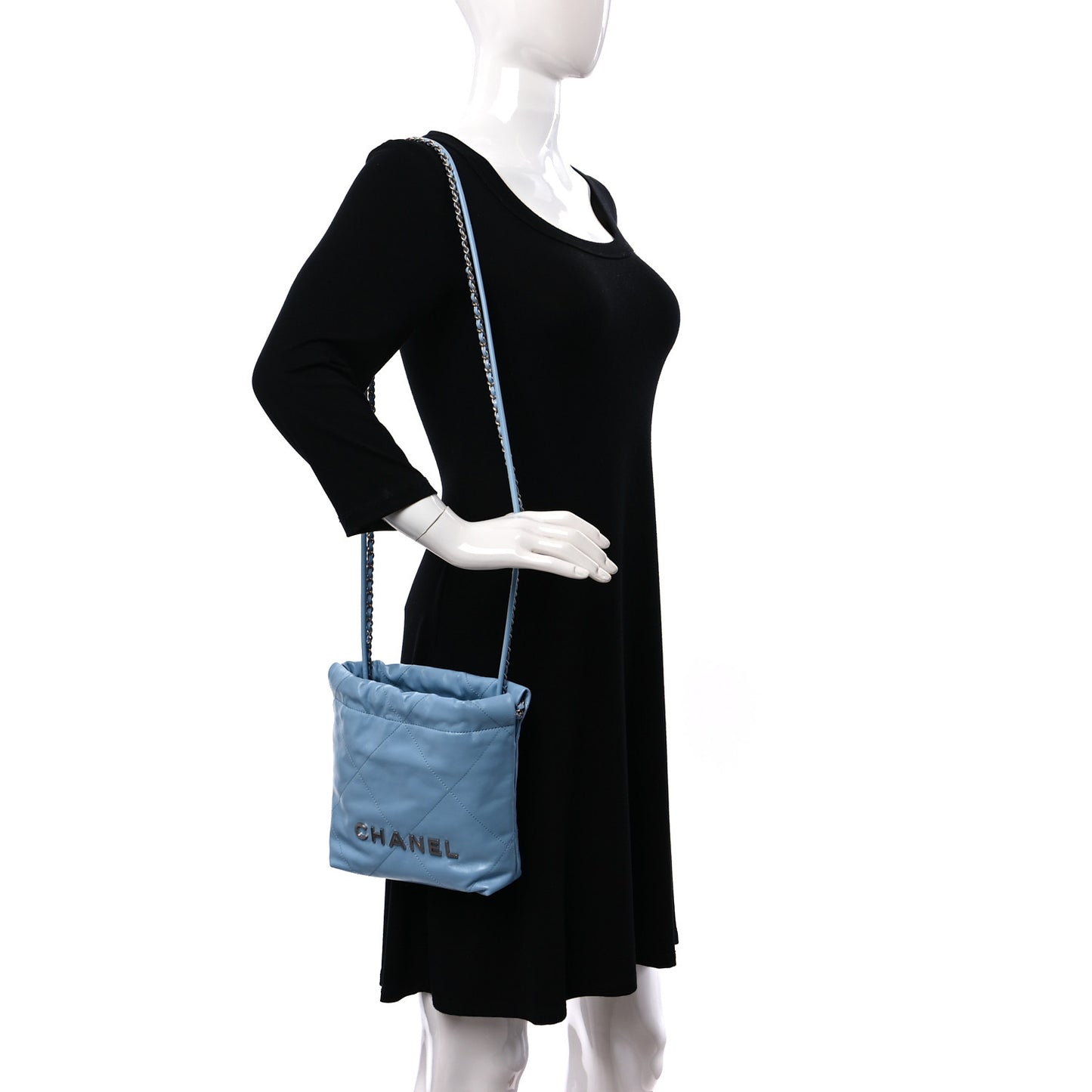 Shiny Calfskin Quilted Mini Chanel 22 Light Blue