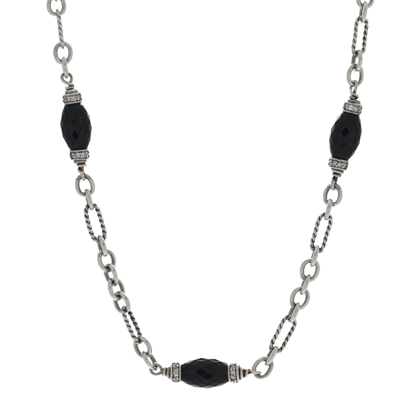 Sterling Silver Diamond Black Onyx Figaro Chain Necklace