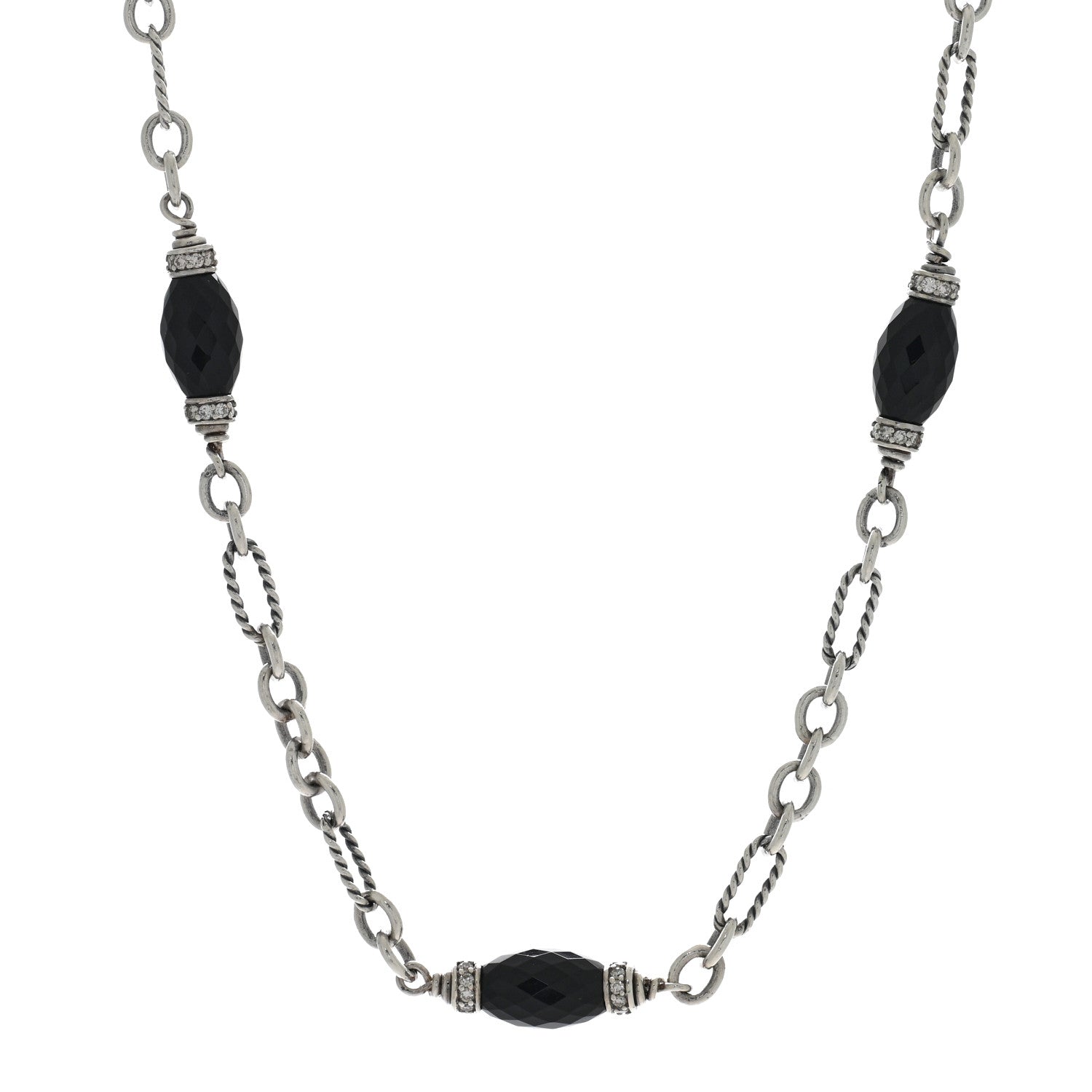 David Yurman Sterling Silver Diamond Black Onyx Figaro Chain Necklace 1 of 4