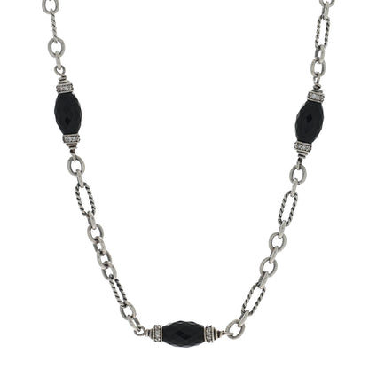 David Yurman Sterling Silver Diamond Black Onyx Figaro Chain Necklace 1 of 4