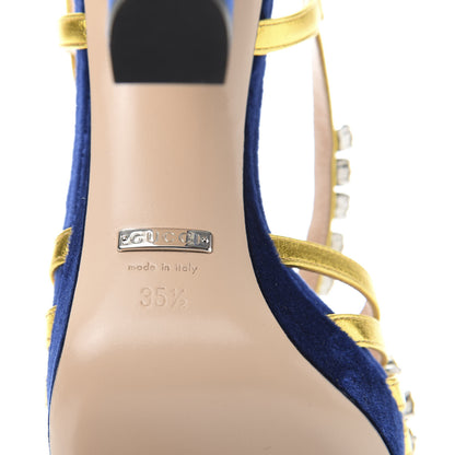 Gucci Velvet Nappa Crystal Zephyra Slingback Platform High Heel Sandals 35.5 Blue Gold 7 of 8