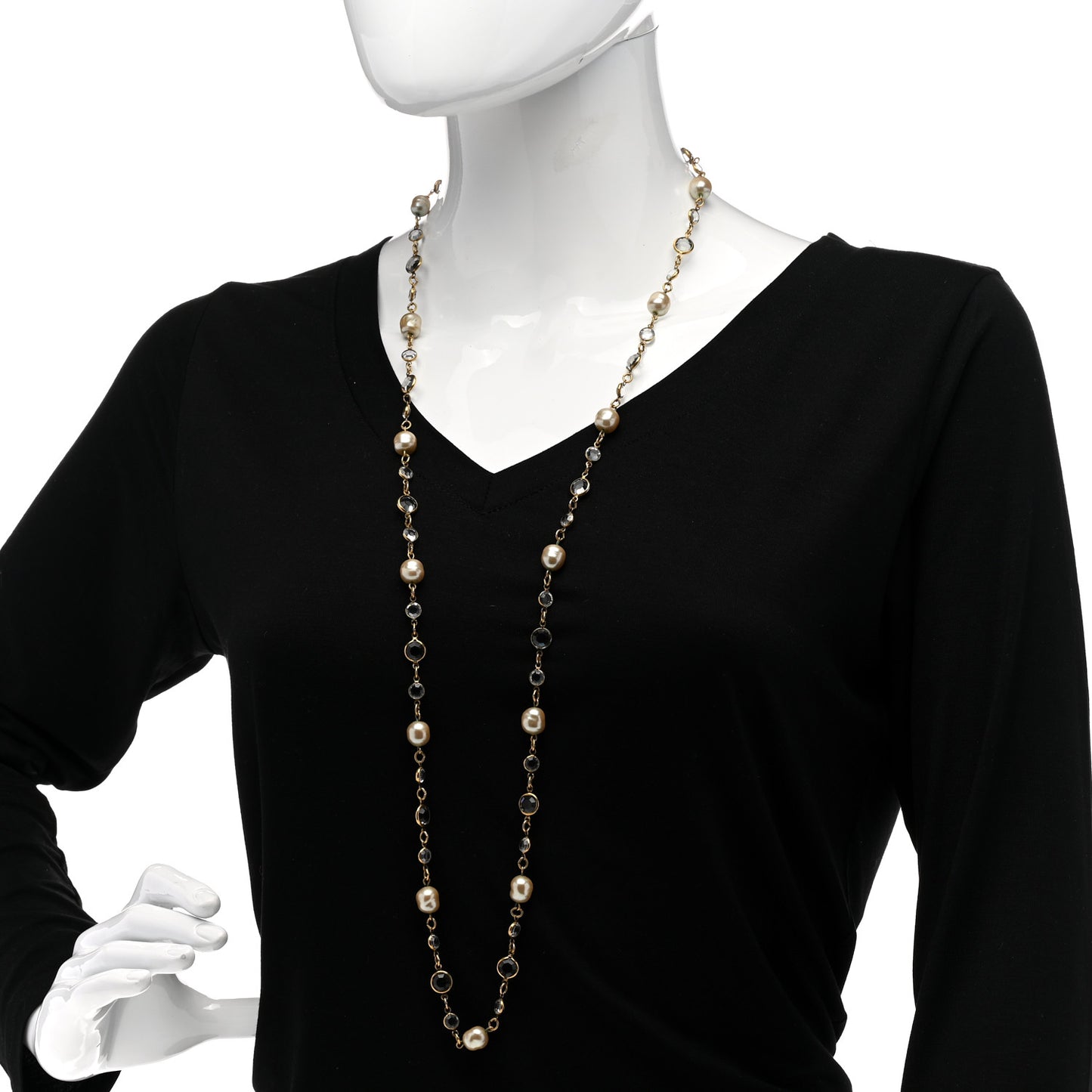 Crystal Pearl Sautoir Long Necklace Gold