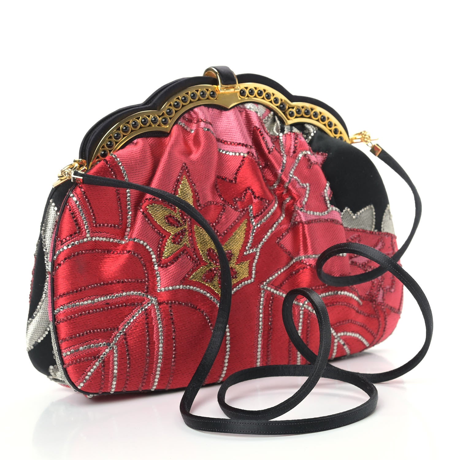 Judith Leiber Satin Crystal Embroidered Clutch Red Black 3 of 9