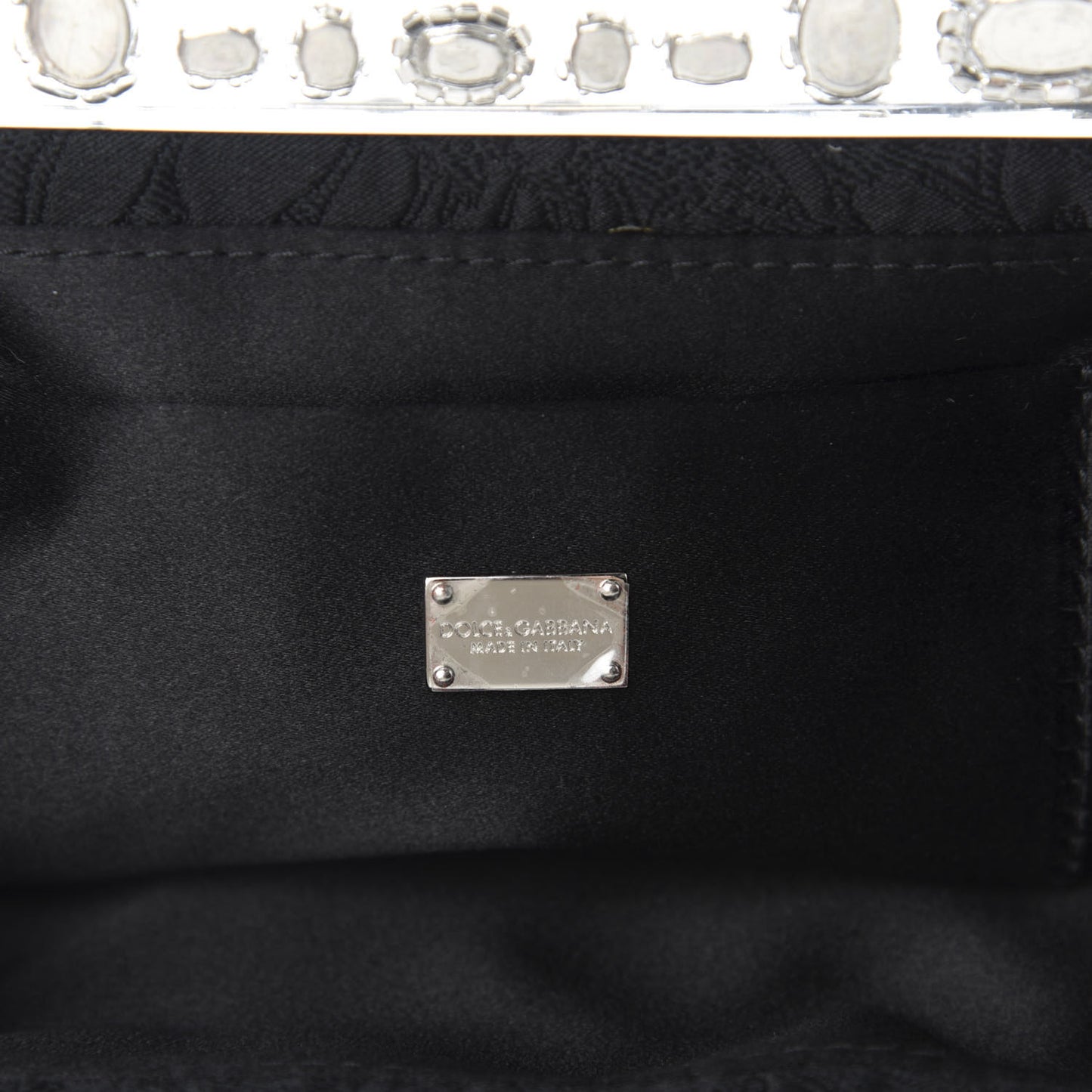 Satin Lace Crystal Embellished Plexis Glass Chain Clutch Black