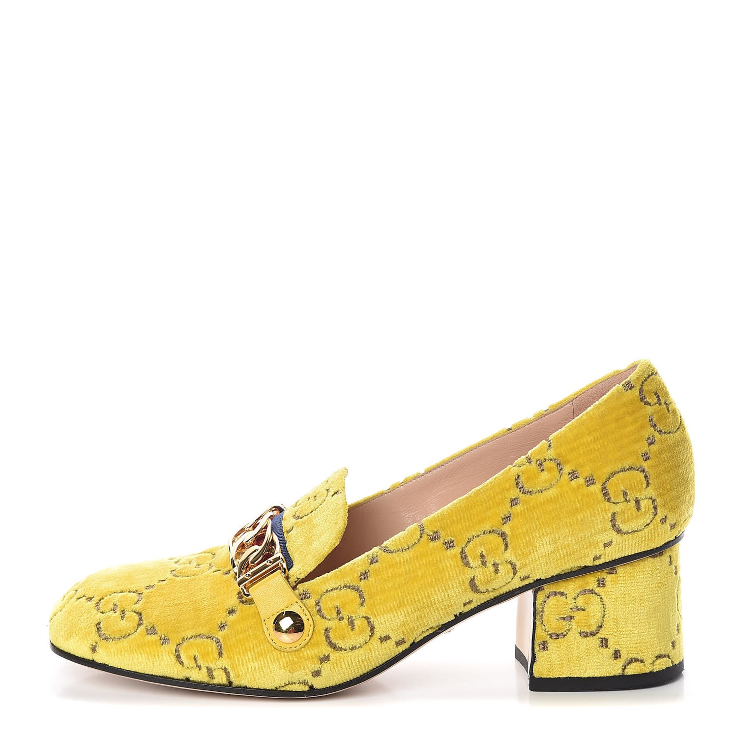Velvet GG Monogram Sylvie Web Chain Mid Heel Loafers 37.5 Sunny Beige