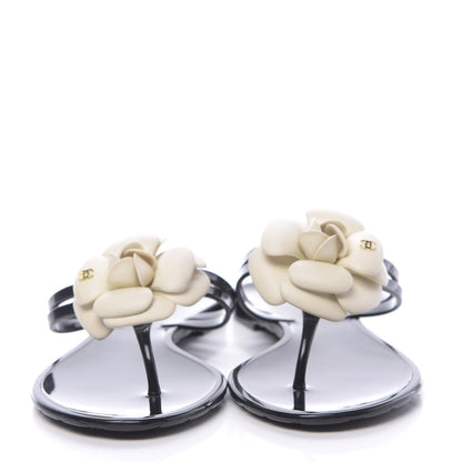 Chanel Jelly Camellia Thong Sandals 39 Black Ivory 2 of 11