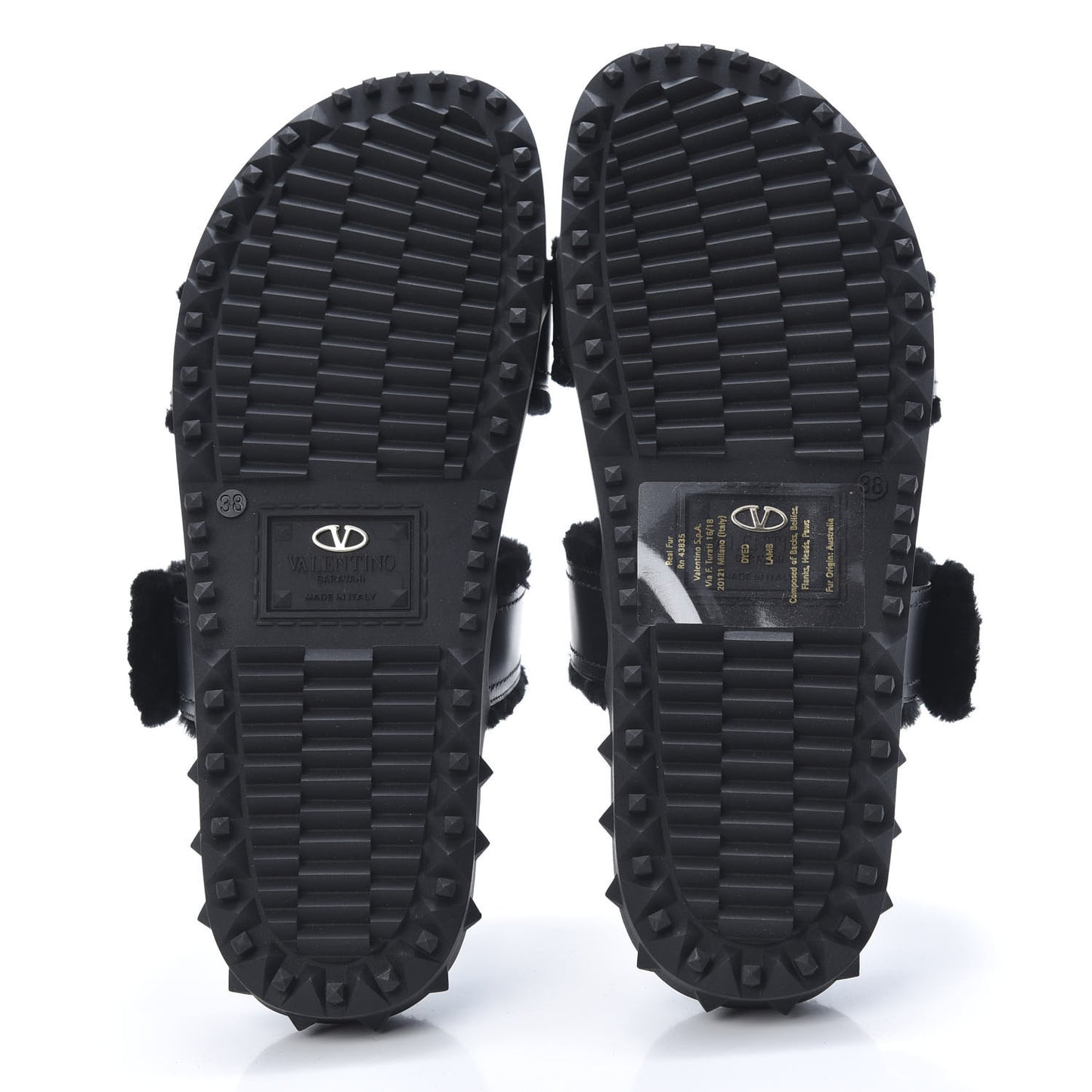 Shearling Rockstud Slide Sandals 38 Black
