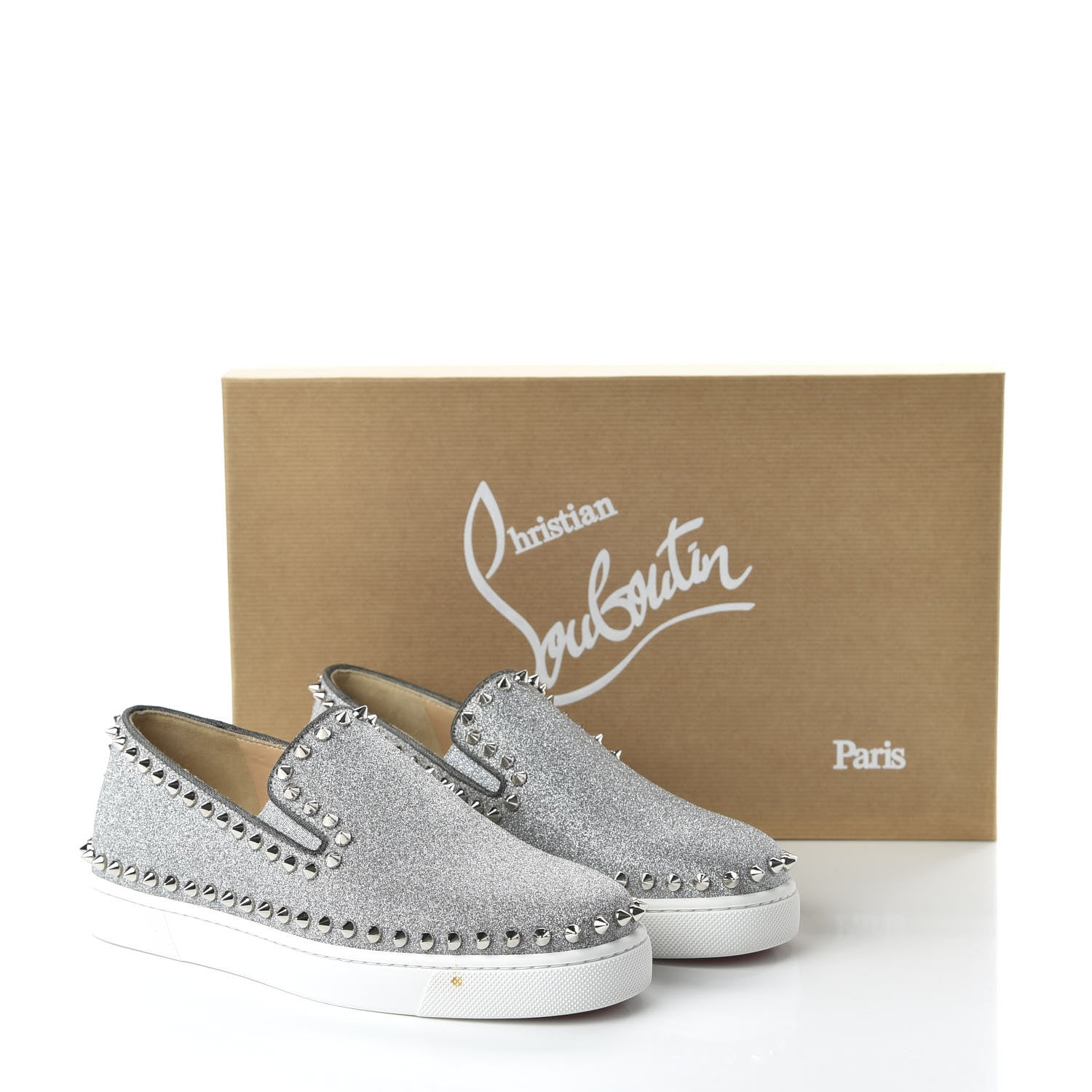 Christian Louboutin Calfskin Spikes Pik Boat Glitter Sneakers 36.5 Silver 8 of 8