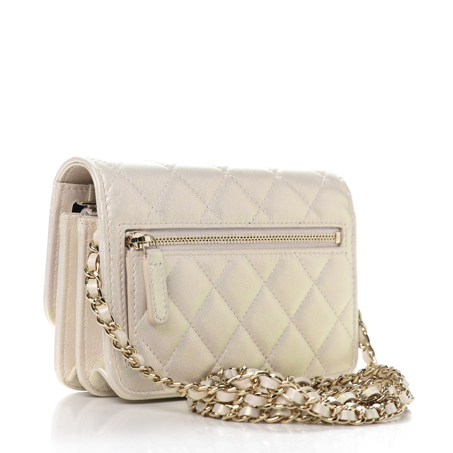 Iridescent Lambskin Quilted Mini Wallet On Chain WOC Ivory