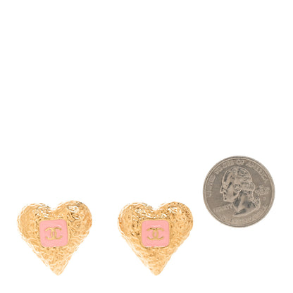 Chanel Metal Enamel CC Heart Earrings Gold Pink 2 of 5