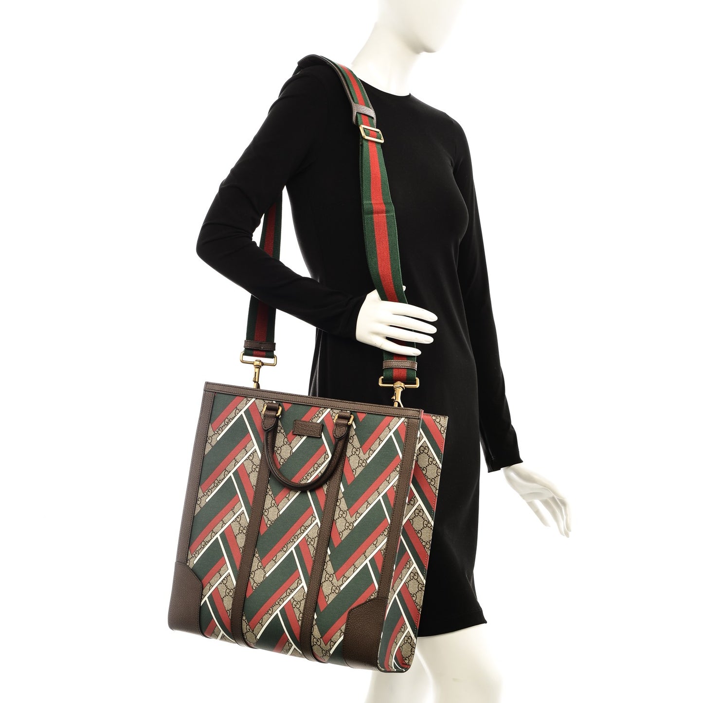 GG Supreme Monogram Chevron Web Vertical Tote Beige Green Red New Acero