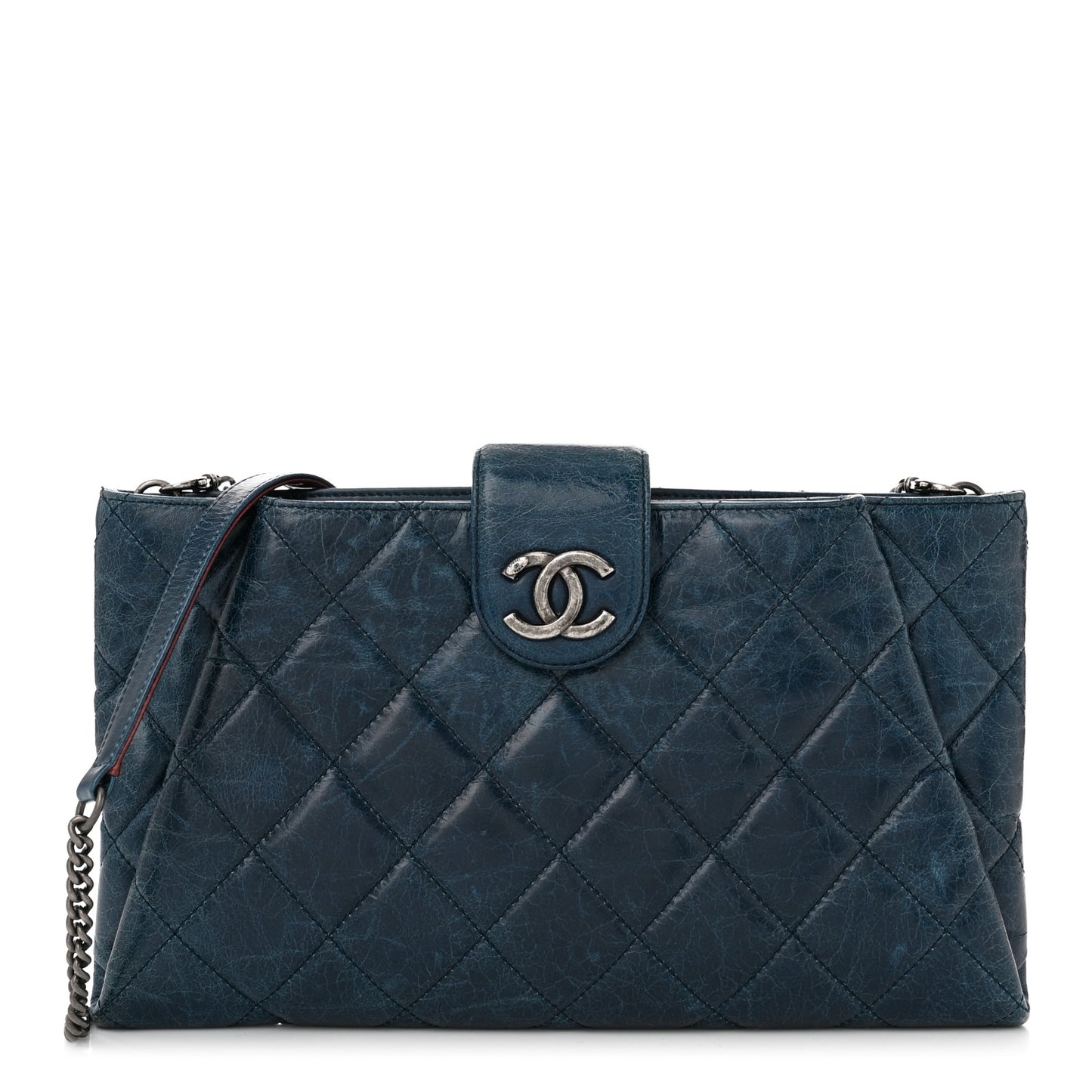Glazed Calfskin Quilted Coco Pleats Chain Clutch Blue