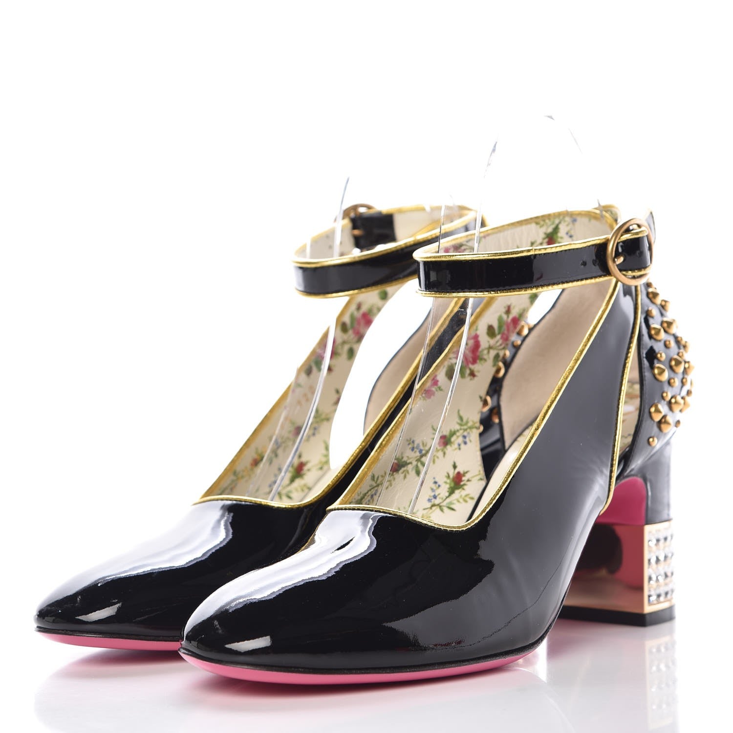 Gucci Patent Studded Crystal Block-Heel Pumps 37.5 Black Gold 3 of 9
