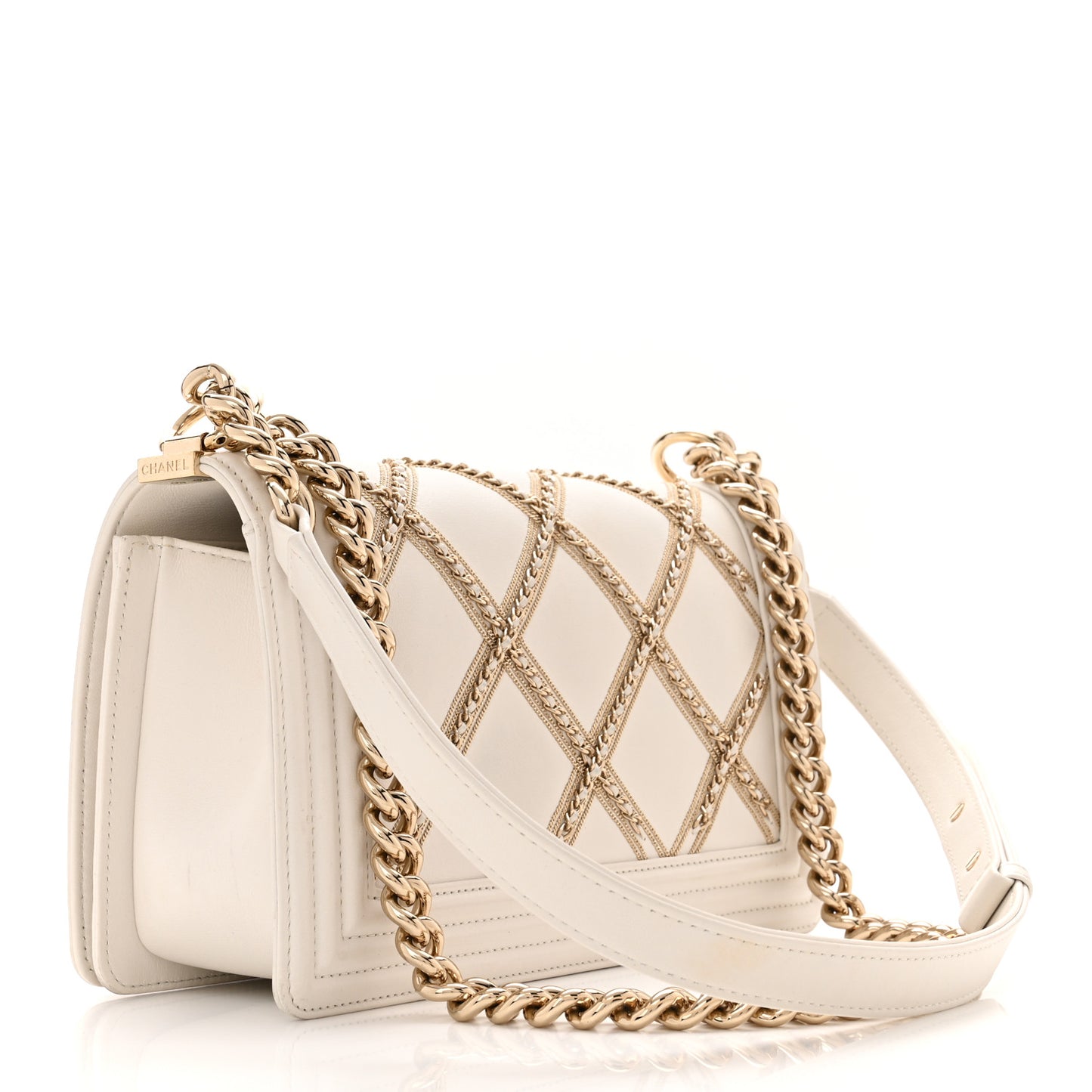 Calfskin Quilted Medium Chain Embellished Boy Flap White