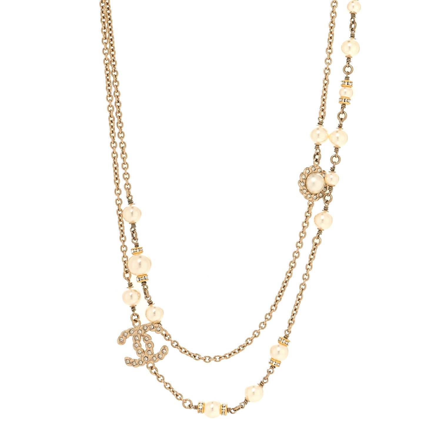Chanel Pearl Crystal CC Lace Camellia Short Necklace Gold 1 of 4