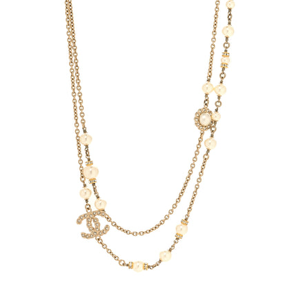 Chanel Pearl Crystal CC Lace Camellia Short Necklace Gold 1 of 4