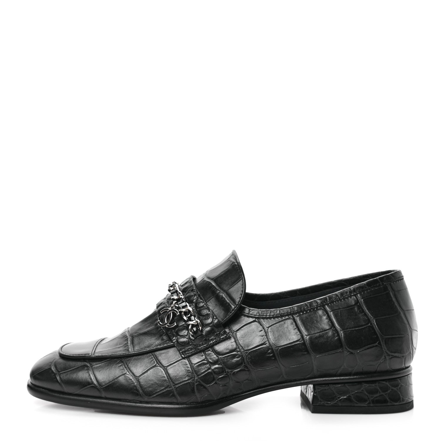 Chanel Calfskin Crocodile Embossed Low Heel CC Chain Mocassin Loafers 38 Navy Black 1 of 8