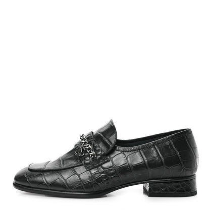 Chanel Calfskin Crocodile Embossed Low Heel CC Chain Mocassin Loafers 38 Navy Black 1 of 8