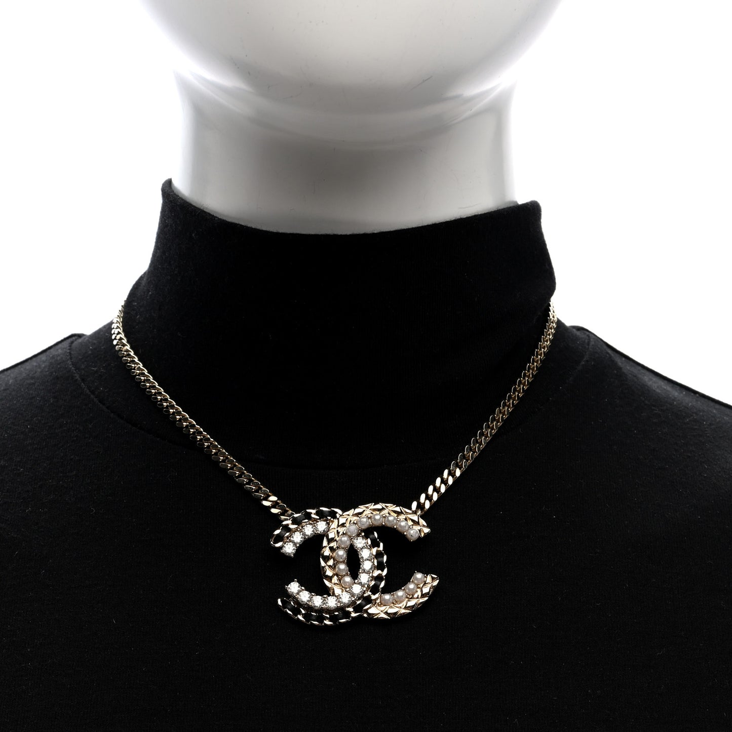 Metal Pearl Crystal Lambskin CC Chain Necklace Gold Black White