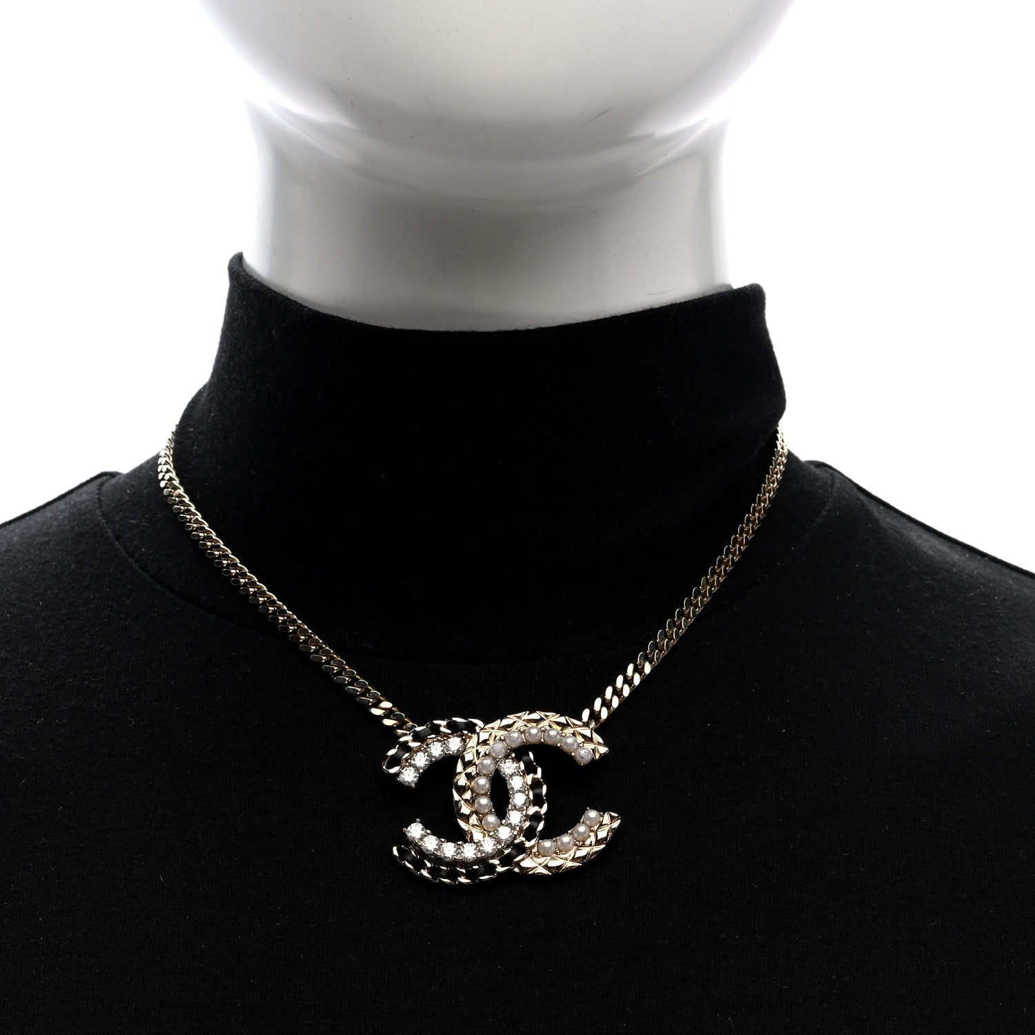 Chanel Metal Pearl Crystal Lambskin CC Chain Necklace Gold Black White 2 of 5