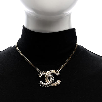 Chanel Metal Pearl Crystal Lambskin CC Chain Necklace Gold Black White 2 of 5