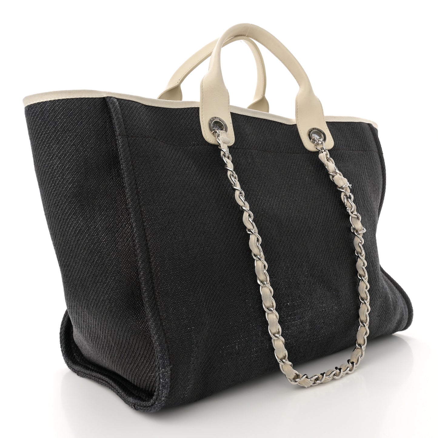 Woven Straw Raffia Medium Deauville Tote Black White