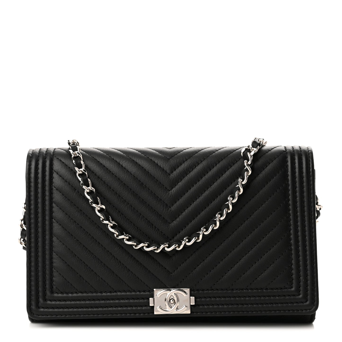 Calfskin Chevron Quilted Boy Wallet On Removable Chain WOC Black