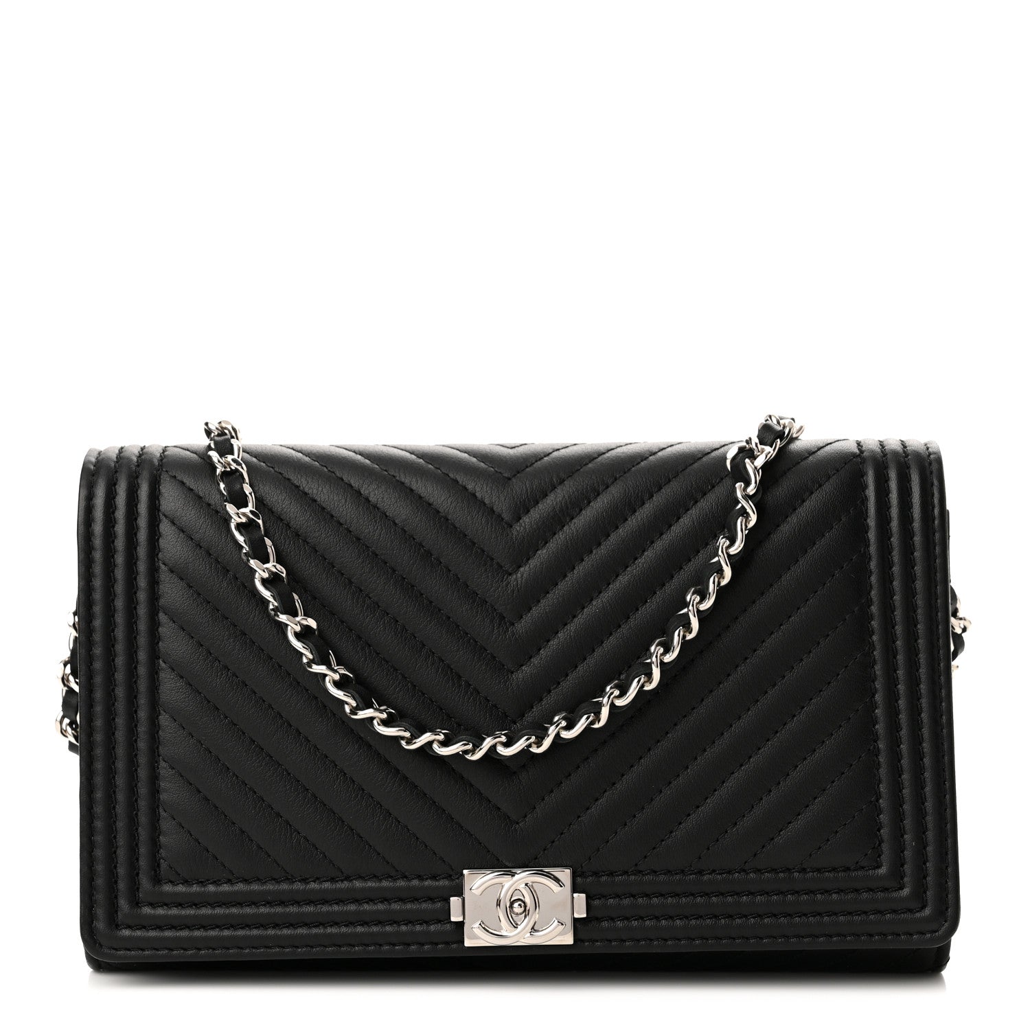 Chanel Calfskin Chevron Quilted Boy Wallet On Removable Chain WOC Black 1 of 11