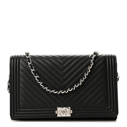 Chanel Calfskin Chevron Quilted Boy Wallet On Removable Chain WOC Black 1 of 11