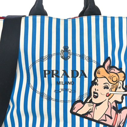 Prada Canvas Striped Comic Shopping Tote Blue White 8 of 10