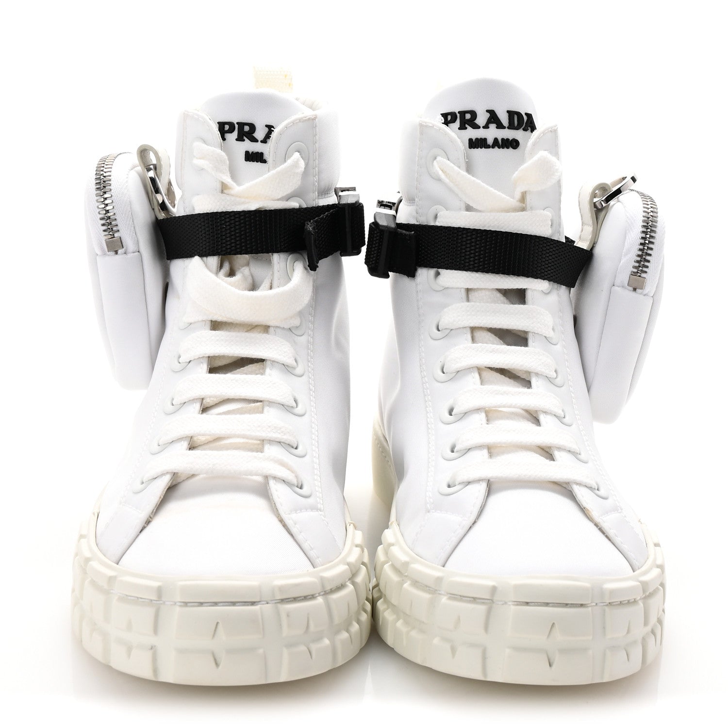Prada Re-Nylon Gabardine Metal Triangle Logo Wheel Pouch Pocket High Top Sneakers 36 White 3 of 10