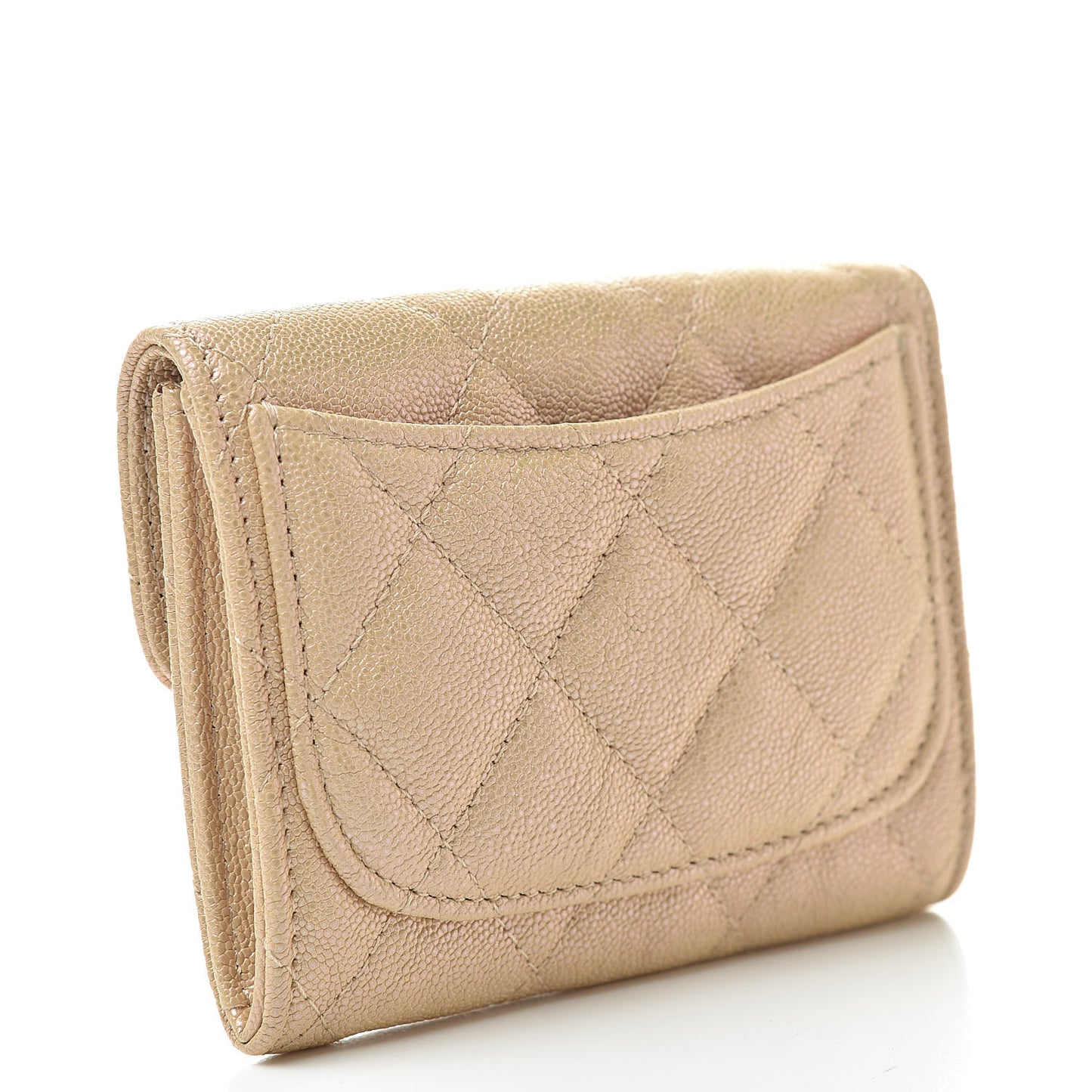 Iridescent Caviar Quilted Flap Card Holder Wallet Beige
