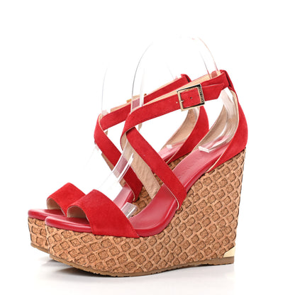 Jimmy Choo Suede Cork Portia 120 Wedge Sandals 36 Red 3 of 9