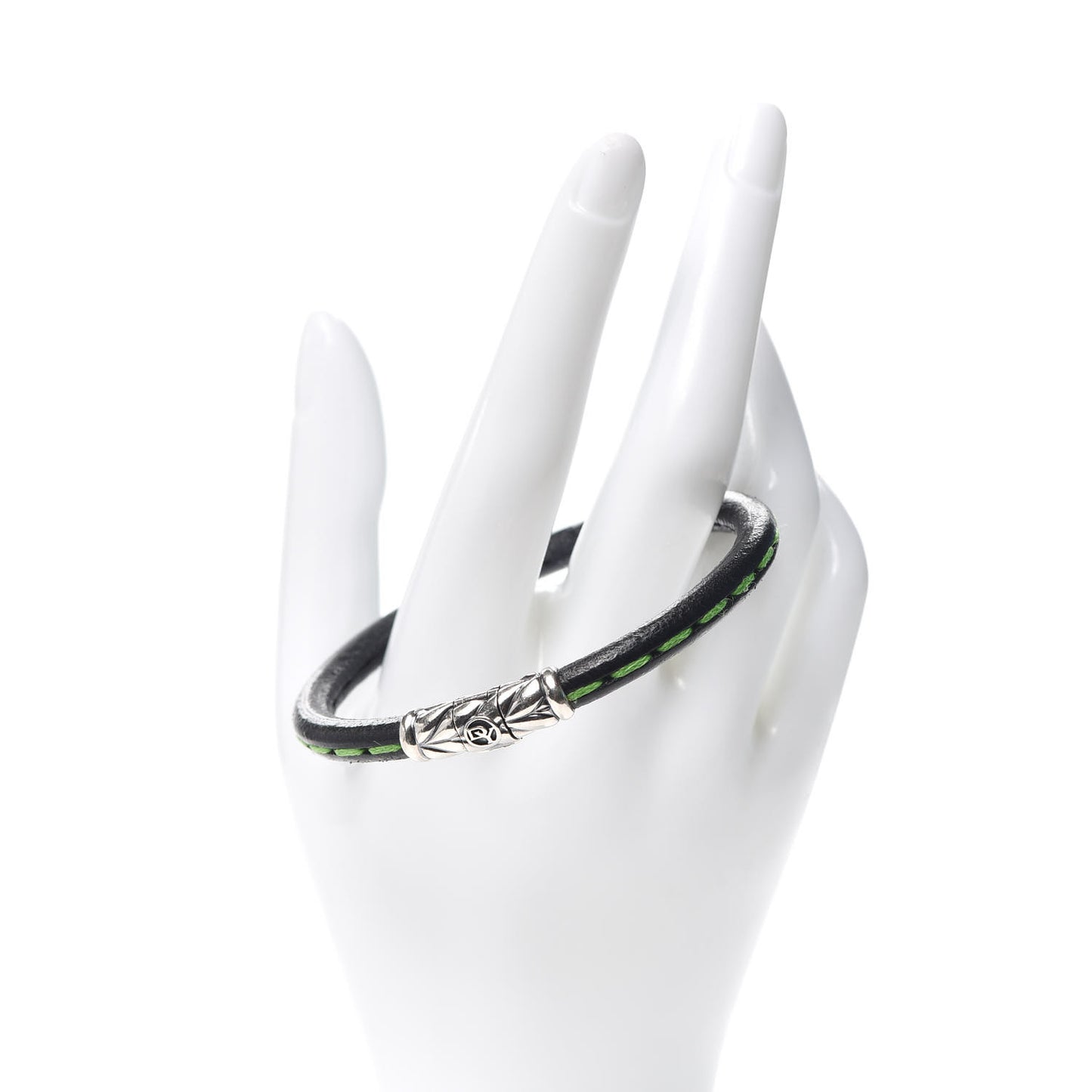 Sterling Silver Black Leather Chevron Green Stitch Mens Bracelet