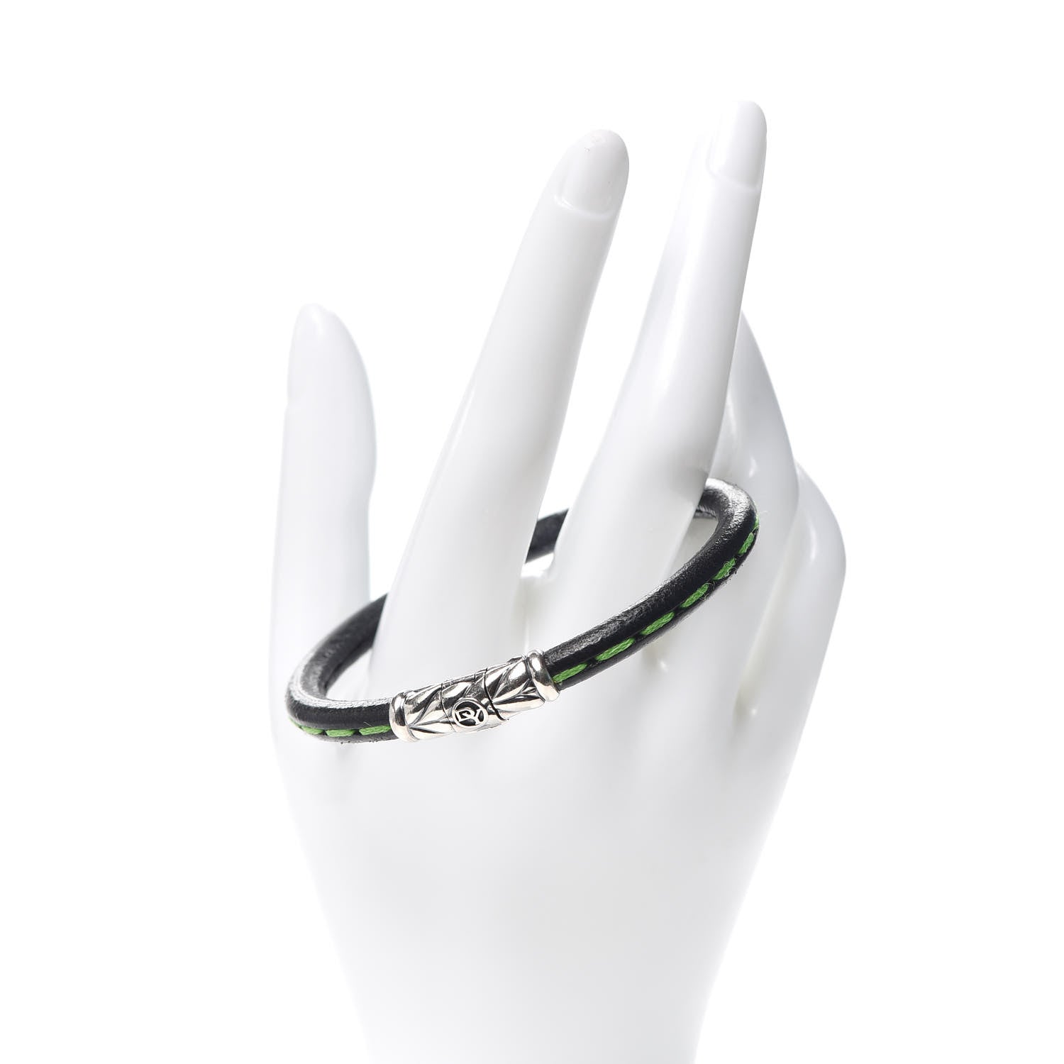 David Yurman Sterling Silver Black Leather Chevron Green Stitch Mens Bracelet 2 of 5