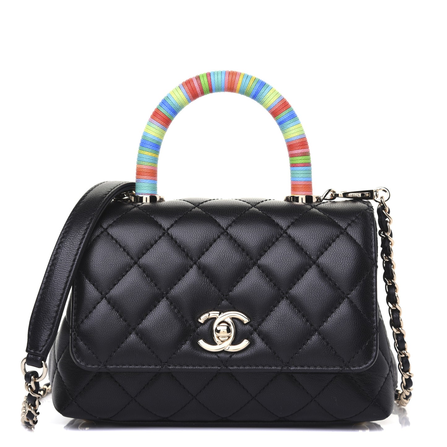 Goatskin Quilted Rainbow Extra Mini Coco Handle Flap Black