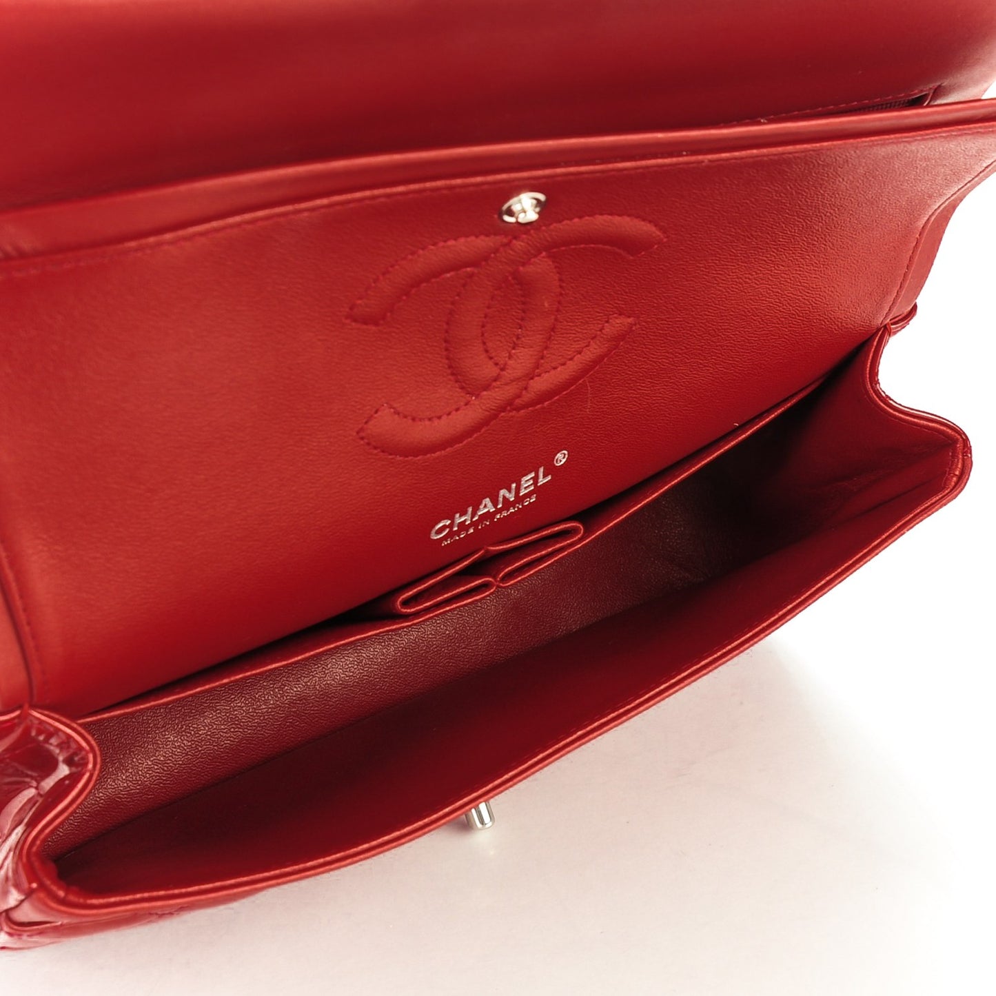 Patent Calfskin Quilted Medium Double Flap Red