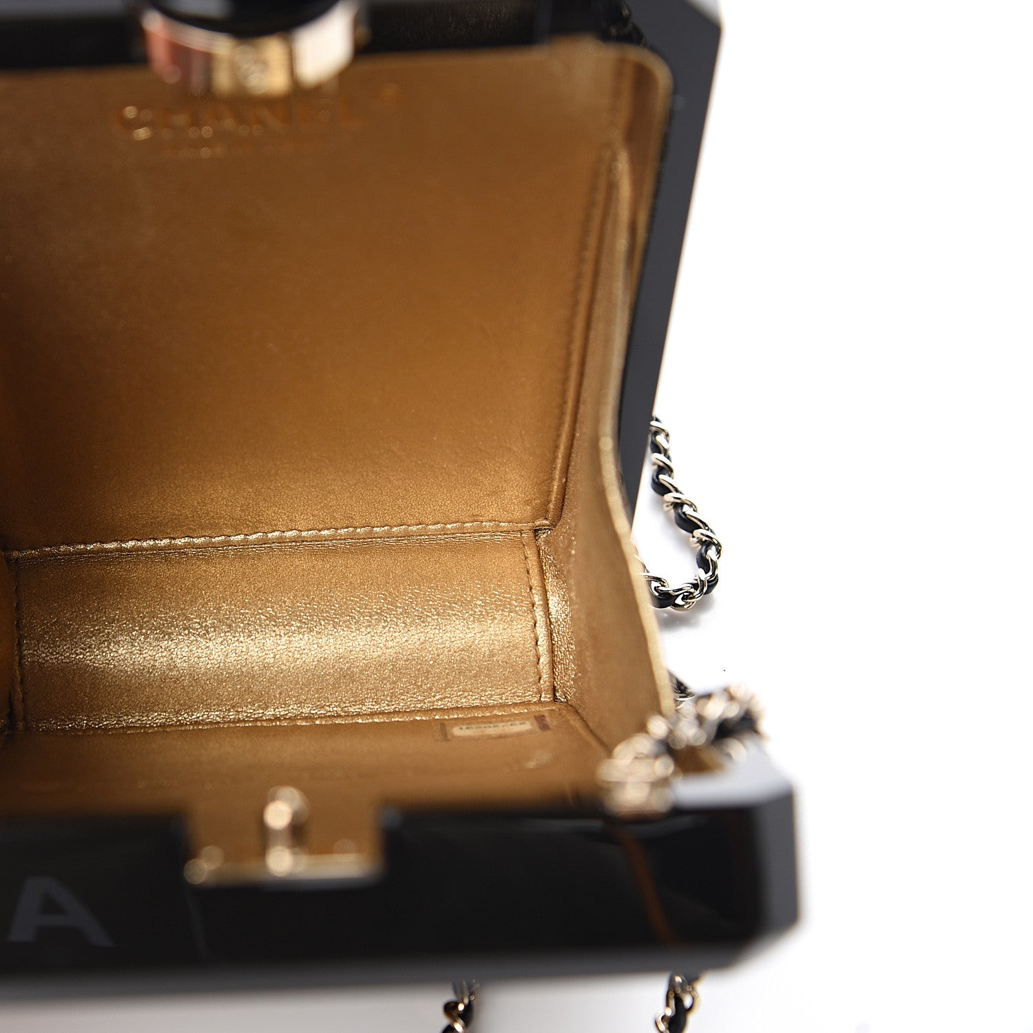 Chanel Plexiglass Perfume Bottle Clutch Black Gold 4 of 10