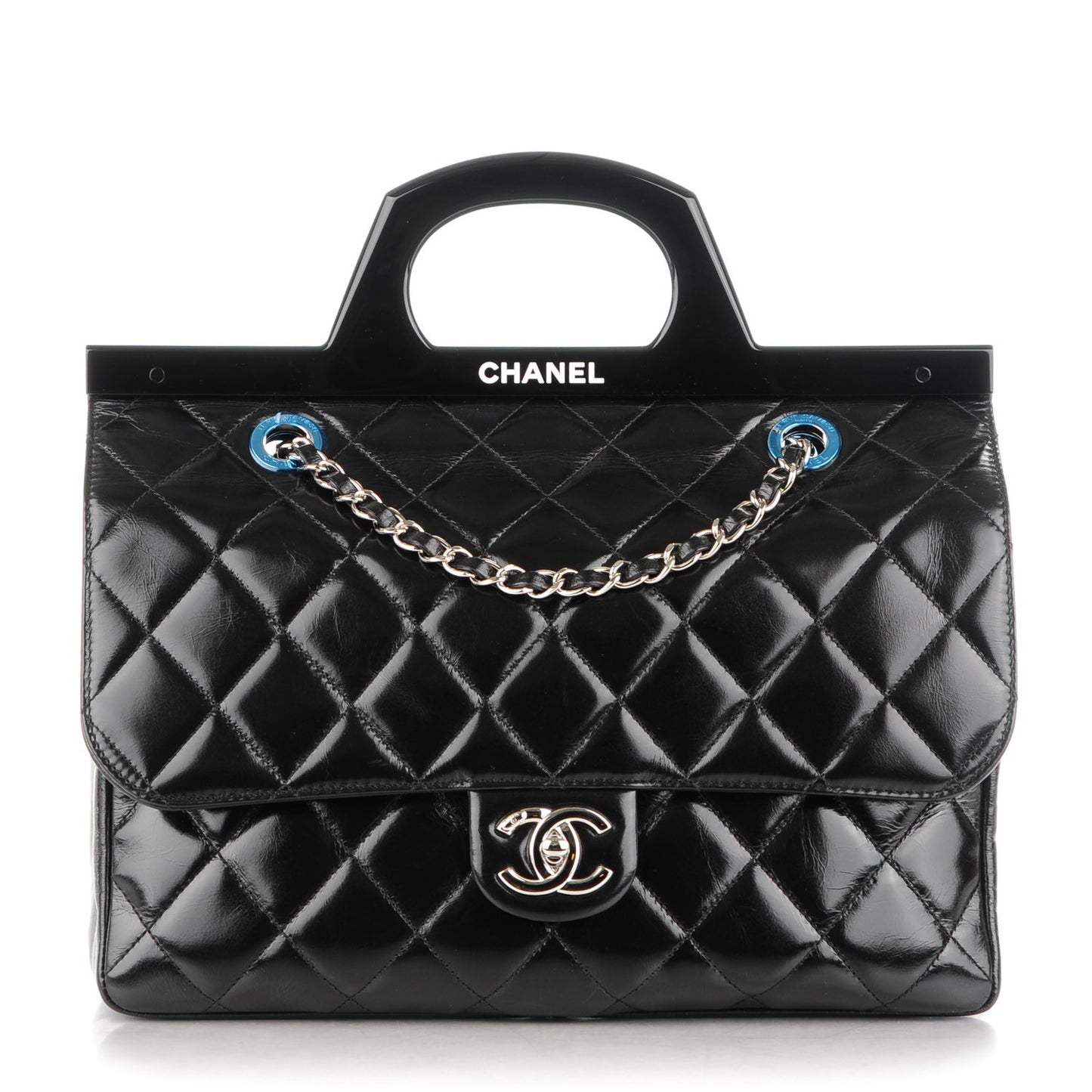 Glazed Calfskin Quilted Small CC Delivery Tote Black