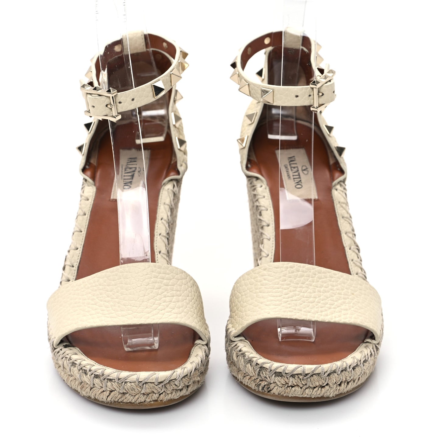 Grained Calfskin Rockstud Ankle Strap Espadrille Wedge Sandals 36 Light Ivory