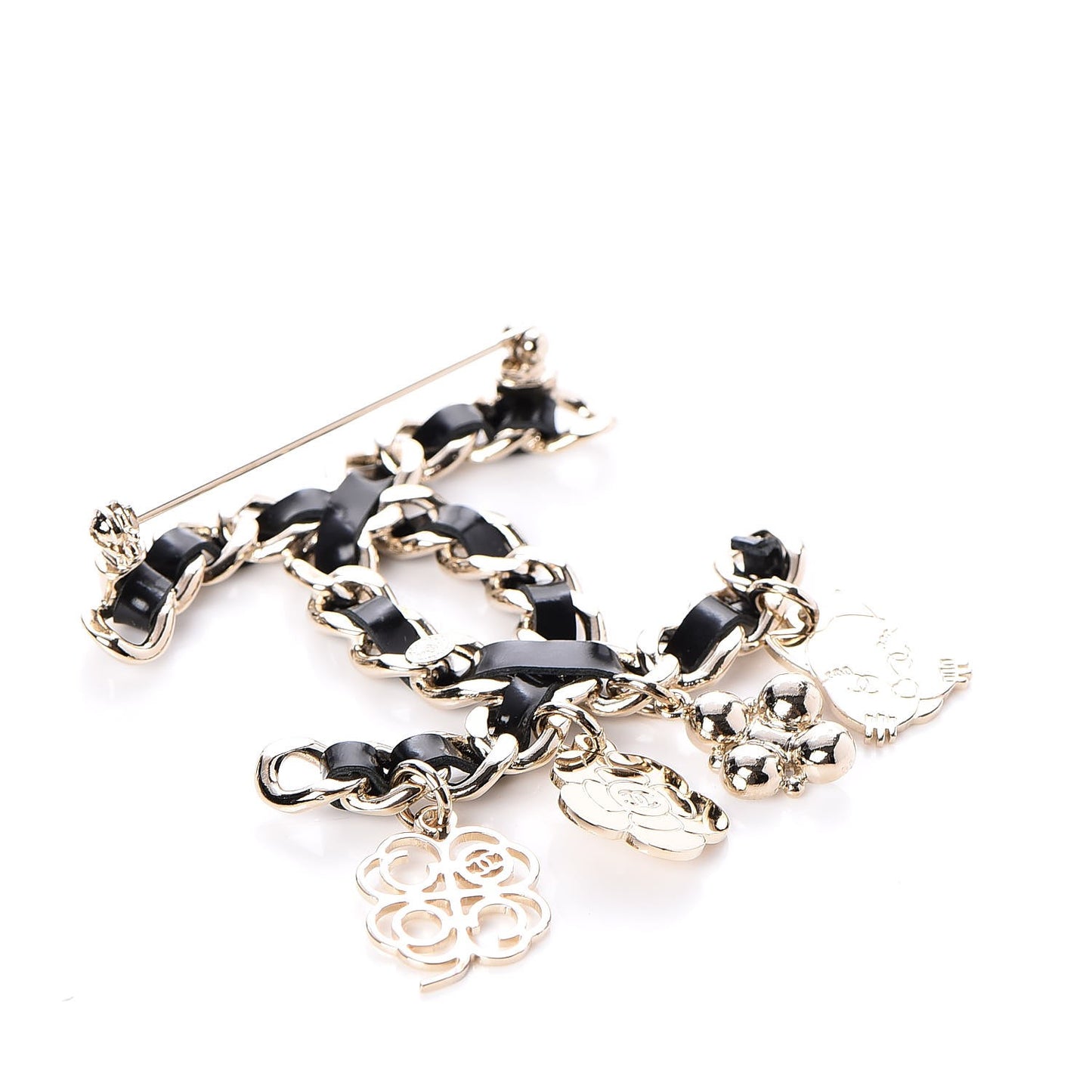 Lambskin Crystal Chain CC Charms Brooch Black Gold