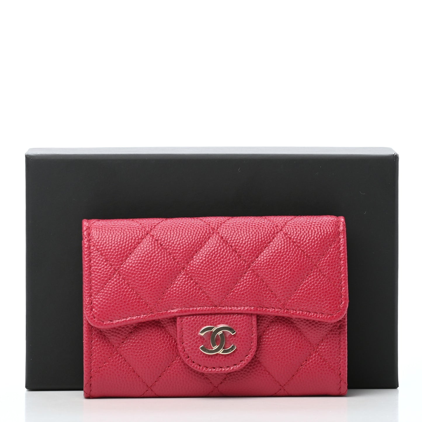 Caviar Quilted Flap Card Holder Wallet Dark Pink
